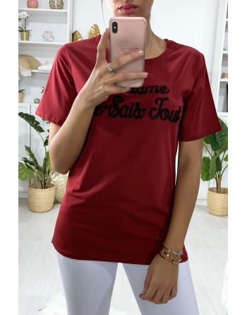 Tee-shirt long rouge en coton avec écriture Madame Je-Sais-Tout