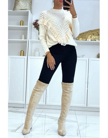 Pull beige col montant femme
