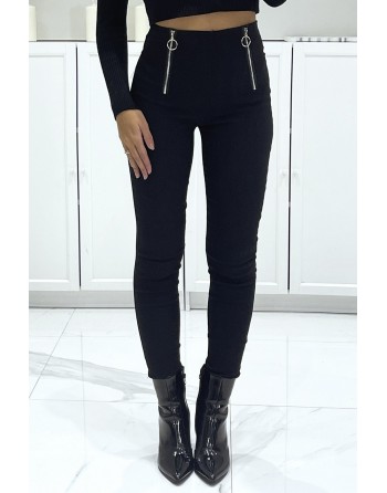 Pantalon slim noir extensible taille haute à double zip 