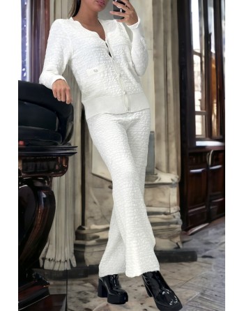 Ensemble blanc gilet et pantalon palazzo en jaquard très extensible - 1