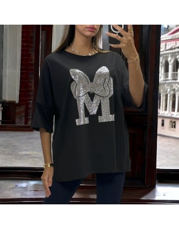 T-shirt over size noir avec grosse écriture M en strass  - 2