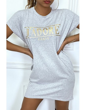 Robe T-shirt courte asymétrique gris avec écriture doré "J'adore" et poches - 6