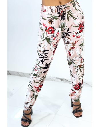 Pantalon rose cigarette fluide à magnifique fleurs colorées  - 1