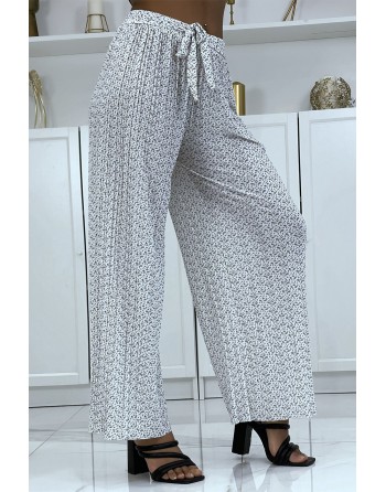 Pantalon palazzo plissé blanc avec joli motif - 3