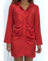 Robe chemise froncée satinée rouge - 1
