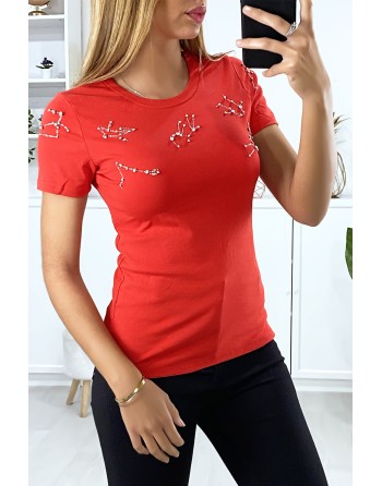 T-shirt rouge avec strass au buste - 4