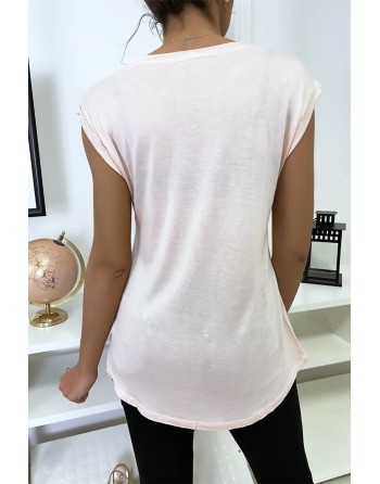 Tee shirt rose avec strass aux épaules - 5