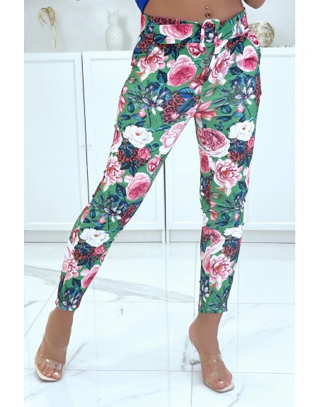 Pantalon stretch vert fleuris avec plis, poches et ceinture - 4