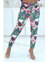 Pantalon stretch vert fleuris avec plis, poches et ceinture - 4