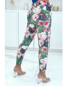Pantalon stretch vert fleuris avec plis, poches et ceinture - 5