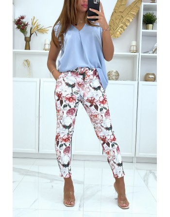 Pantalon stretch blanc fleuris avec plis, poches et ceinture  - 2