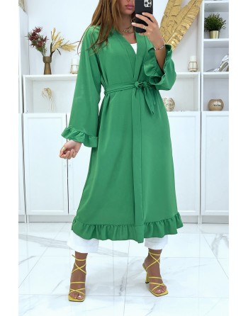 Abaya kimono vert avec volant et ceinture - 1