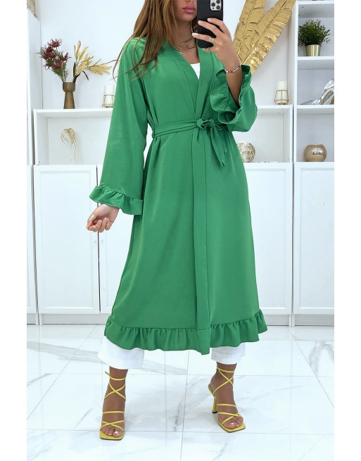 Abaya kimono vert avec volant et ceinture - 1