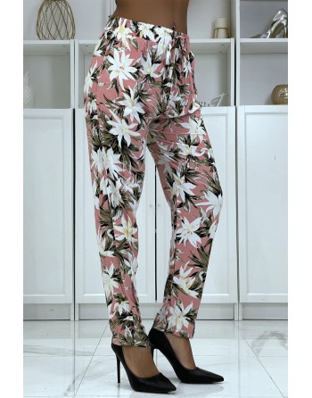 Pantalon fluide rose à motif floral B-10 - 2