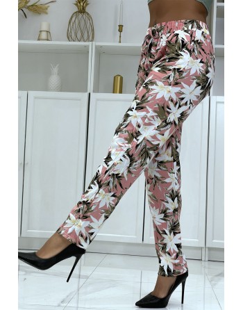 Pantalon fluide rose à motif floral B-10 - 4
