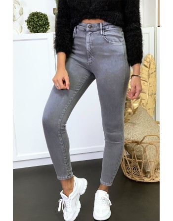 Jeans gris en taille haute très extensible avec poches - 1