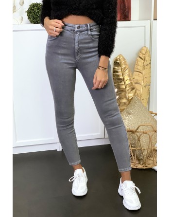 Jeans gris en taille haute très extensible avec poches - 2
