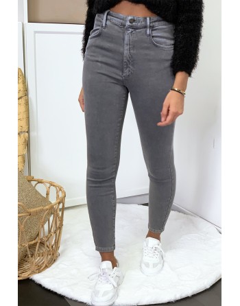 Jeans gris en taille haute très extensible avec poches - 8