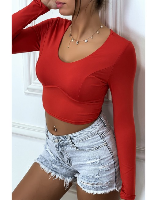 T-shirt court rouge à manches longues avec armature poitrine - 2