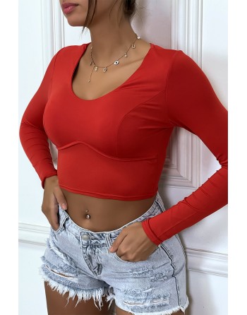 T-shirt court rouge à manches longues avec armature poitrine - 3