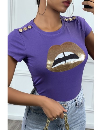 Tee shirt violet avec dessins et boutons dorée - 4