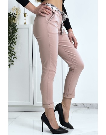 Pantalon strech rose avec poches froufrou et ceinture - 1