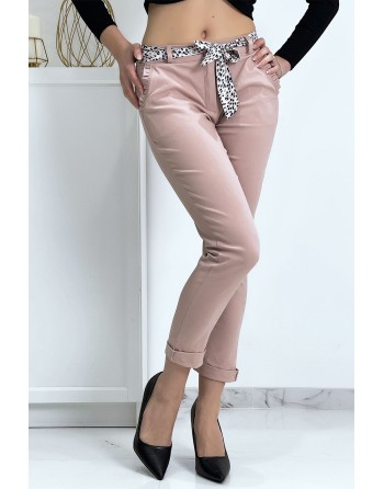 Pantalon strech rose avec poches froufrou et ceinture - 3