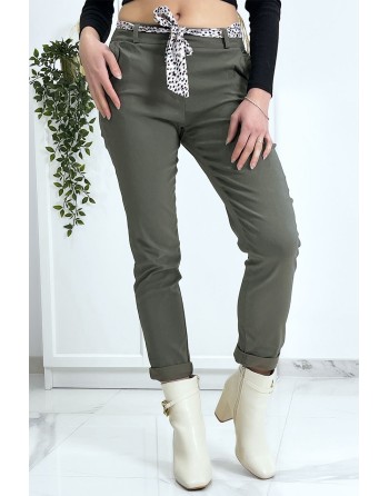 Pantalon strech kaki avec poches froufrou et ceinture - 5