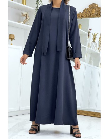 Longue abaya marine avec poches et ceinture - 1