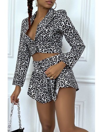 Ensemble veste courte et short gris plissé à motif léopard - 2