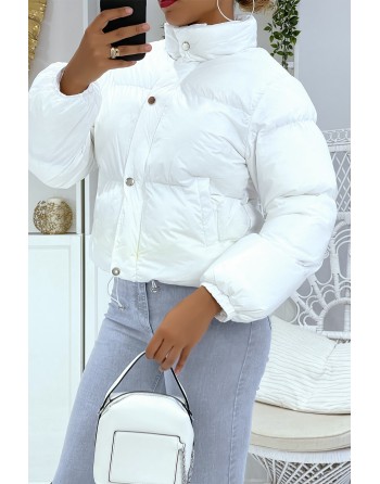 Doudoune blanche courte à manches longues et col montant couleur hyper tendance parfaite pour l'hiver - 5