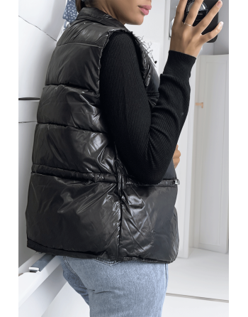 Doudoune noir simili cuir à poches sur l'avant et modulable à la taille sans manches hyper tendance - 1