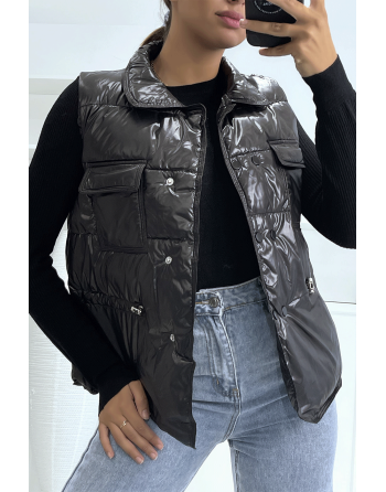 Doudoune noir simili cuir à poches sur l'avant et modulable à la taille sans manches hyper tendance - 2