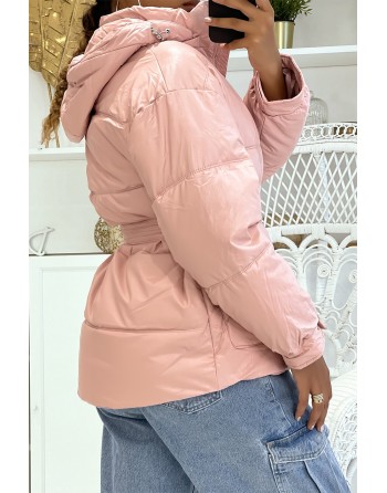 Grosse doudoune rose à ceinture et capuche effet brillant chaleureuse et glamour - 5