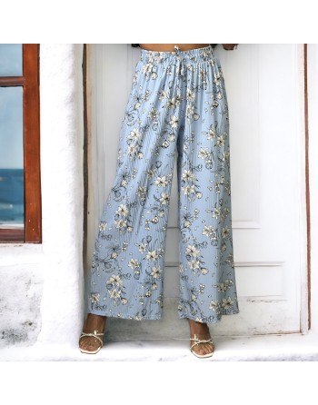 Pantalon palazzo plissé turquoise motif fleurs   - 1