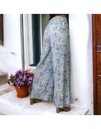 Pantalon palazzo plissé turquoise motif fleurs   - 2