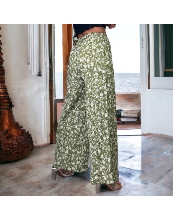 Pantalon palazzo plissé kaki motif fleurs - 3