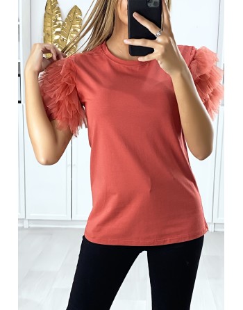 T-shirt rouge avec manches froufrou en tulle - 2