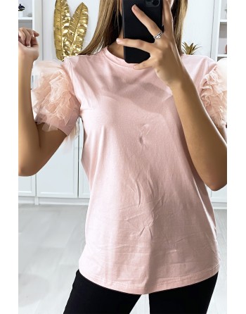 T-shirt rose avec manches froufrou en tulle - 1