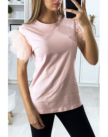 T-shirt rose avec manches froufrou en tulle - 3