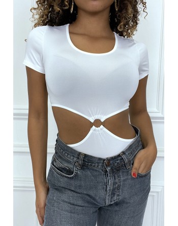 Body blanc tee shirt facon trikini avec anneaux - 5