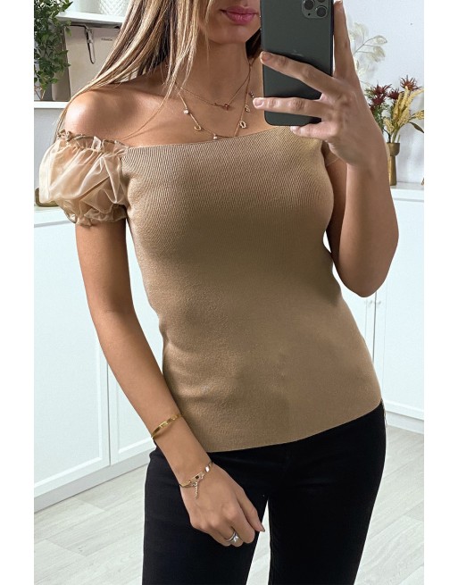 Top moulant taupe a manches bouffantes en tulle - 1
