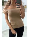 Top moulant taupe a manches bouffantes en tulle - 1