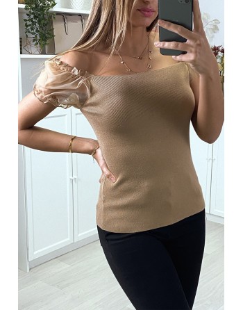 Top moulant taupe a manches bouffantes en tulle - 2