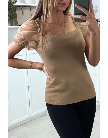 Top moulant taupe a manches bouffantes en tulle - 3