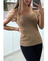 Top moulant taupe a manches bouffantes en tulle - 3