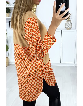 Robe tunique taupe col chemise avec joli motif - 5