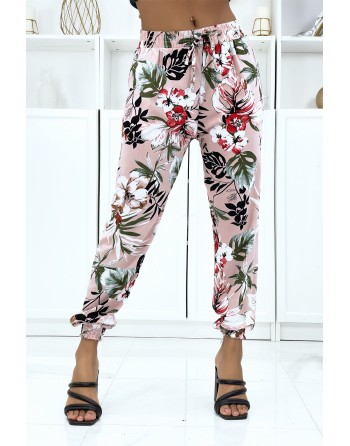 Pantalon rose à fleurs, fluide élastique à la taille et aux chevilles  - 1