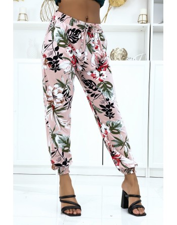 Pantalon rose à fleurs, fluide élastique à la taille et aux chevilles  - 2