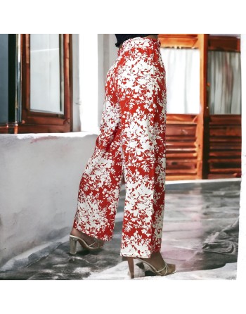 Pantalon palazzo motif fleuris rouge - 1